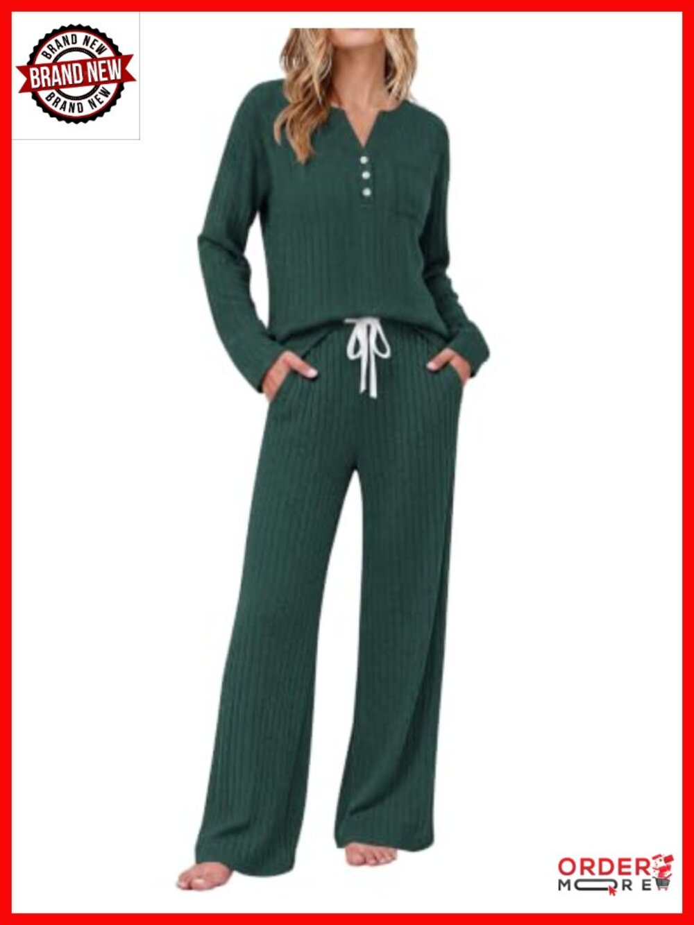 Women's 2 Piece Ribbed Knit Lounge Set Long Sleeve Henley Top Wide Leg Pants